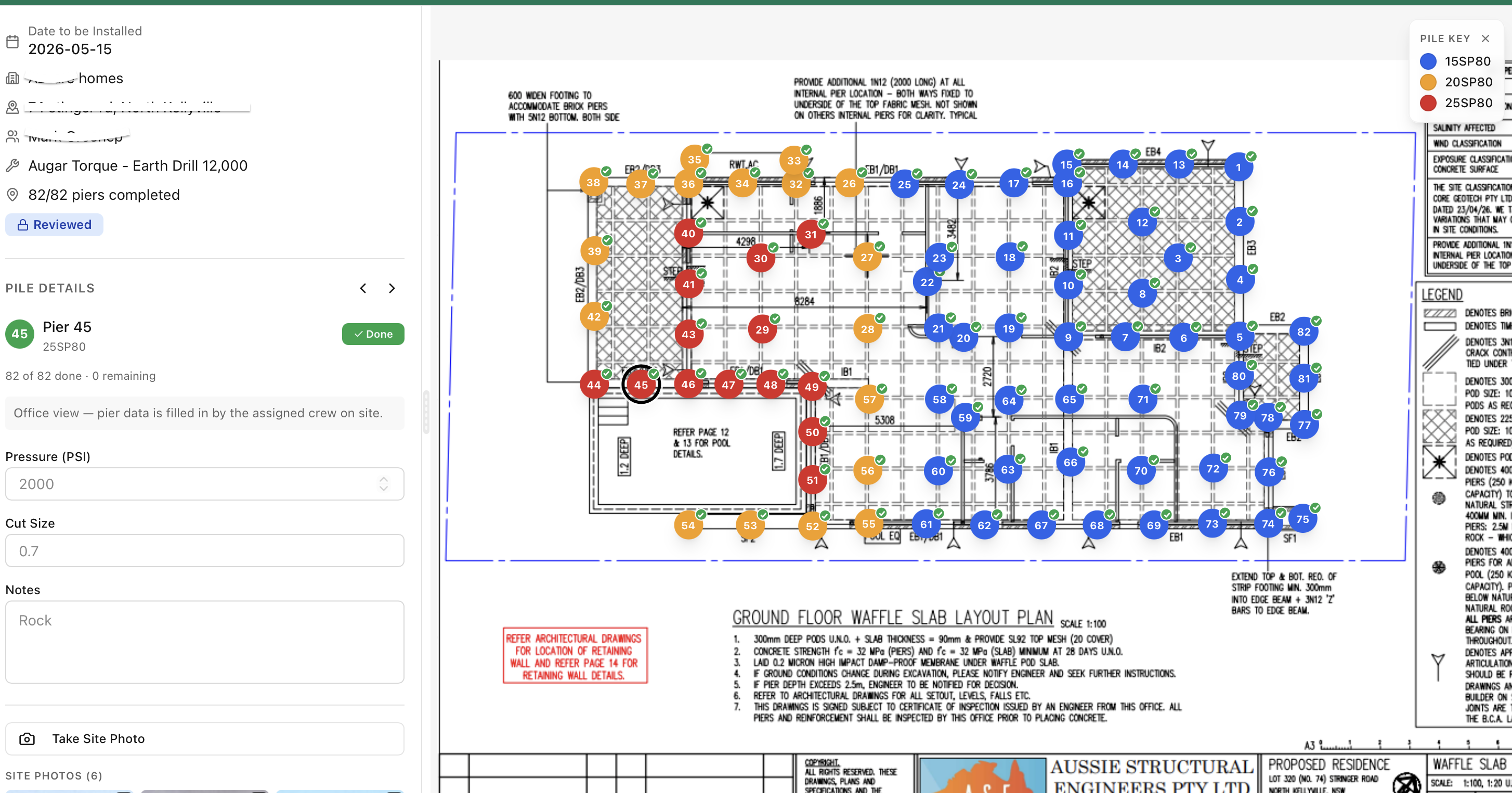 PileLogix pile map for a screw pile job